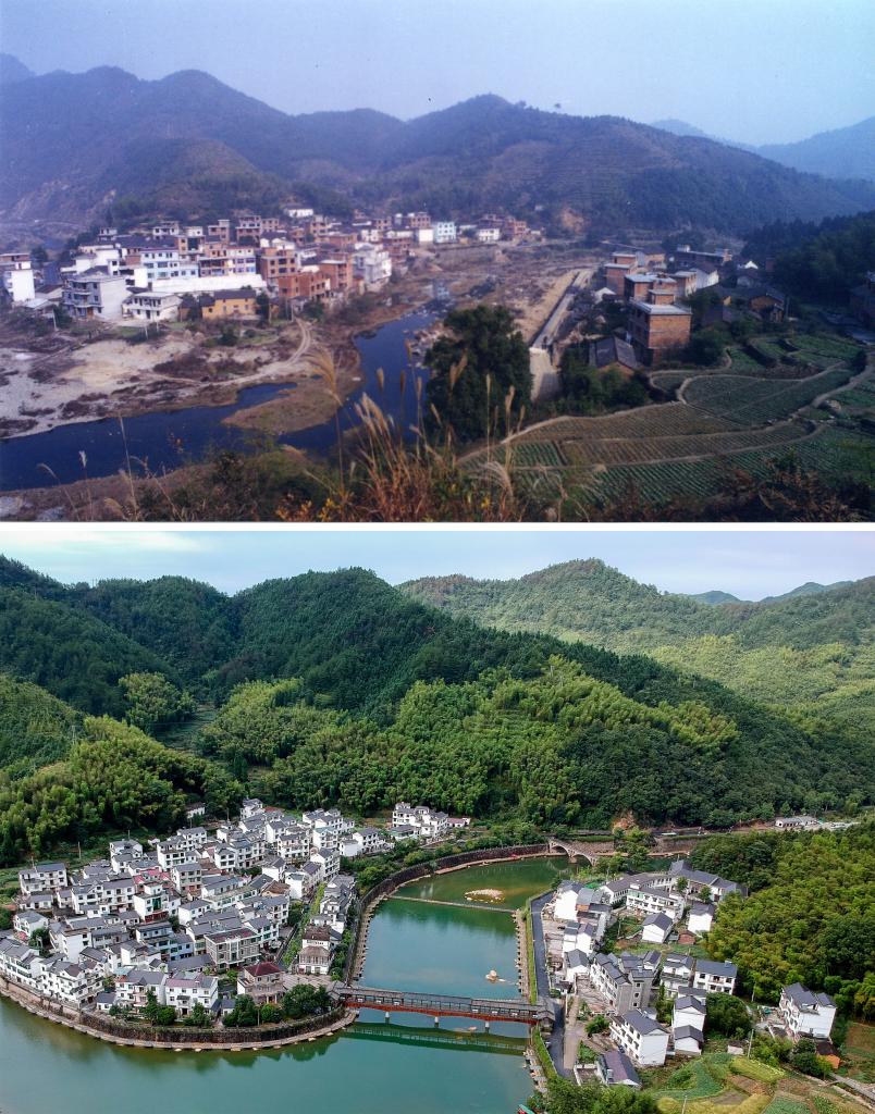 圖為浙江省杭州市淳安縣楓樹嶺鎮(zhèn)下姜村拼版圖，其中上圖為資料照片、下圖由新華社記者張鋮攝。